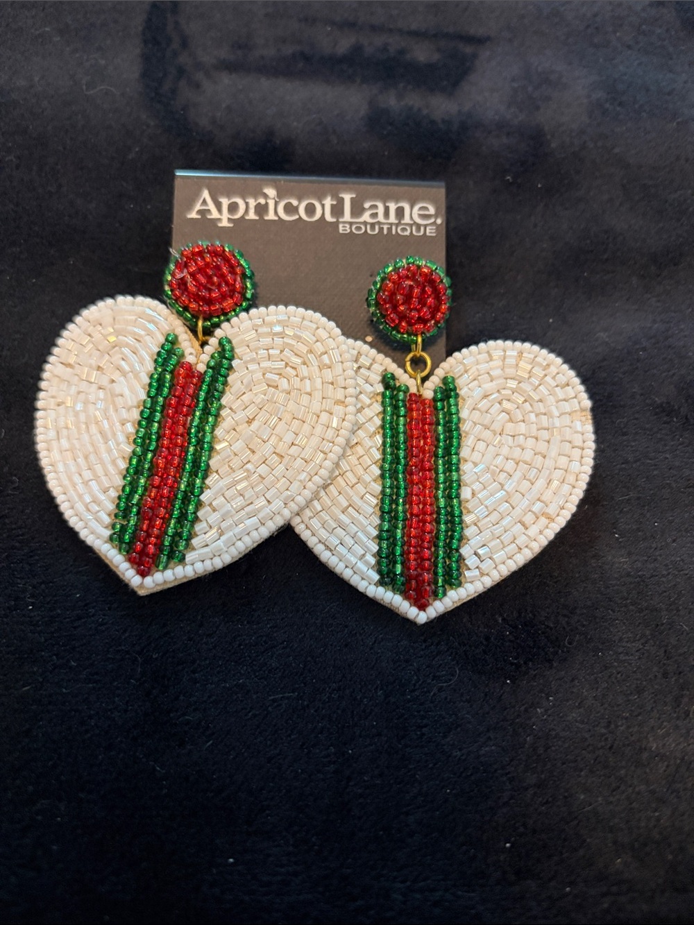 NWT Apricot Lane White Beaded Heart Earrings with Red & Green Stripes